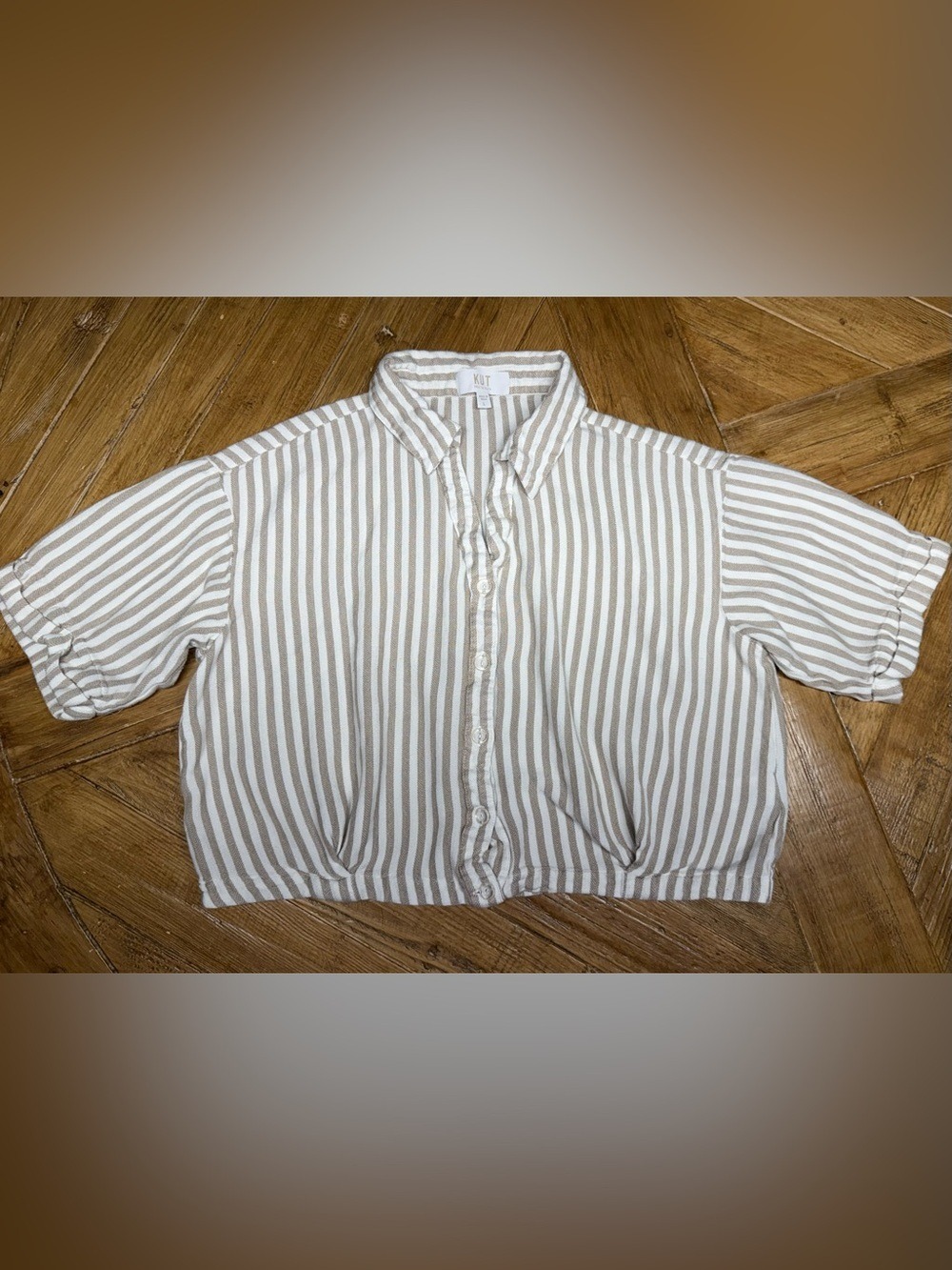 KUT from the Kloth Donna Striped Top Size Large Ivory Taupe Linen Blend - Picture 9 of 11